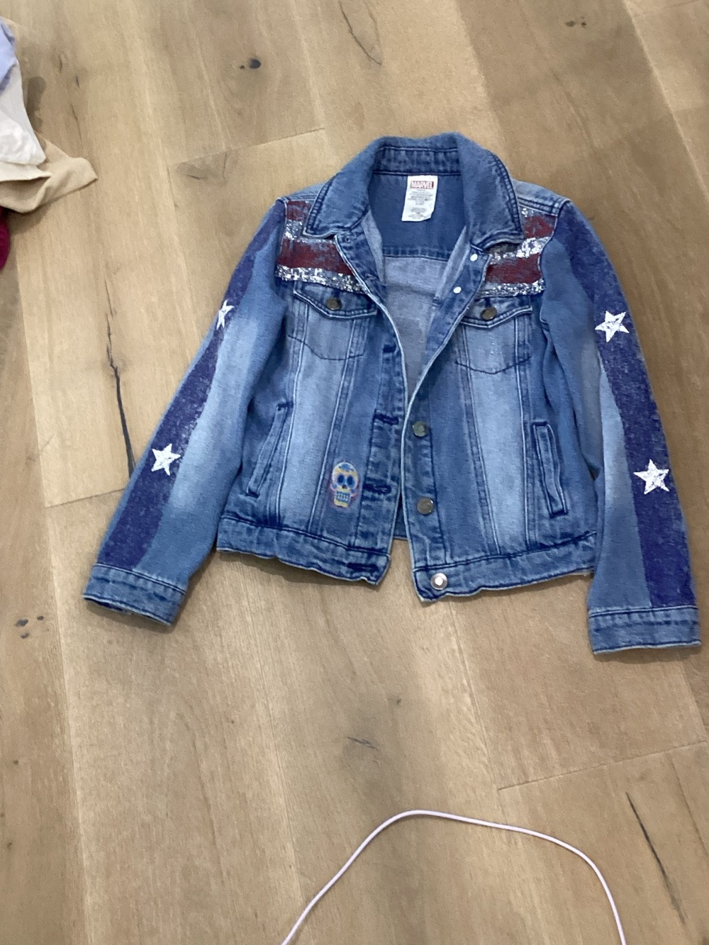 Marvel Girls' Blue Denim Jacket with Red Sequin Stripes & White Star Appliqués